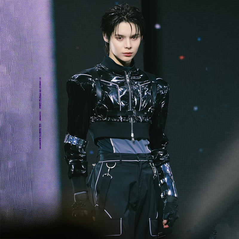 Jayjay Black Leather Cyberpunk Style Male Group Performance Outfit Futuristic Glossy Stage Outfit Group Broadcast Men's Suit