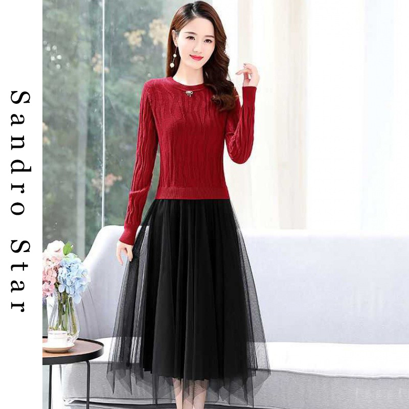 sandro star stitching wool sweater fake two-piece women's knitted mesh a-line skirt long-sleeved all-match dress