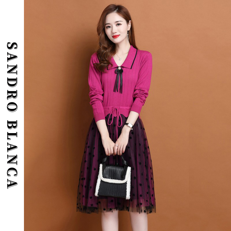 Harbor Wind Yarn Sweater Fashion Skin Age and Mid-Long Waist-Clothed Lace Knitted Dress