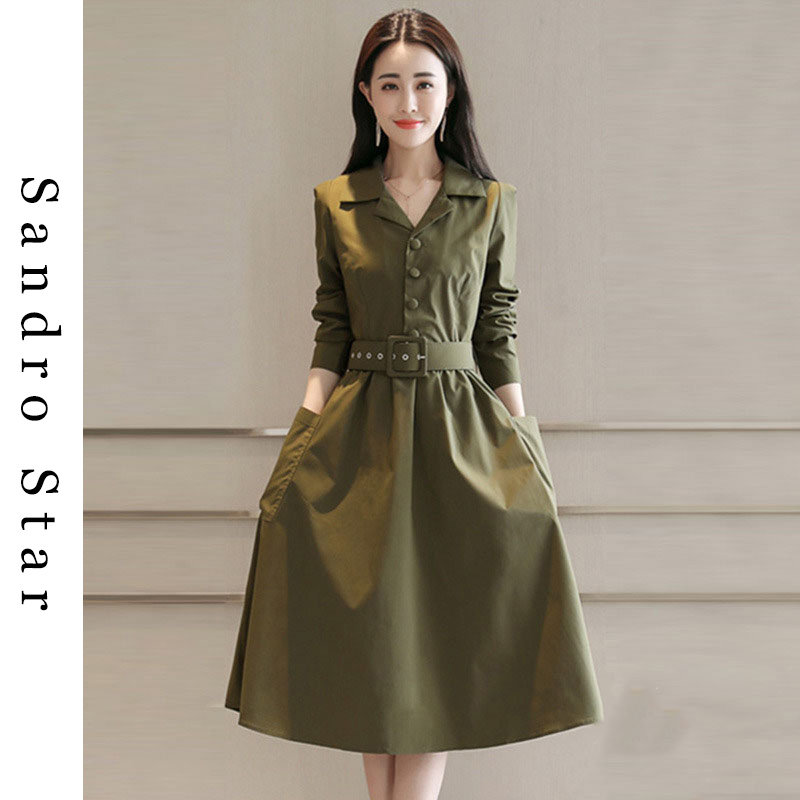 sandro star shirt skirt spring slim waist slim mid-length skirt large size fashion a-line skirt lapel dress