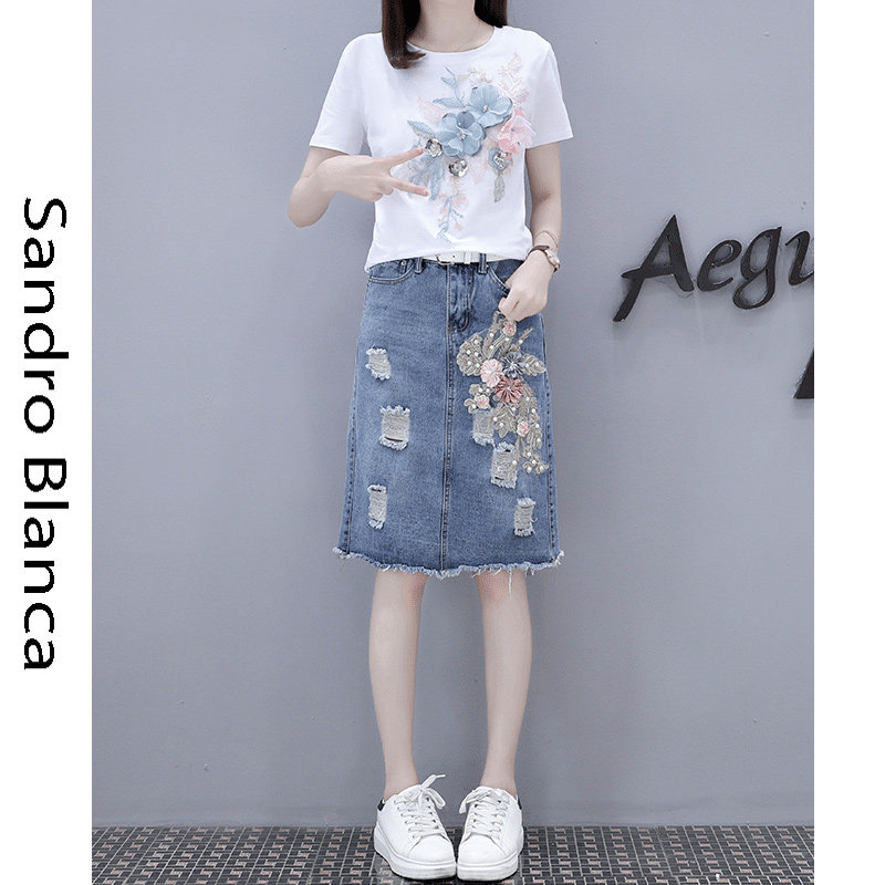 Small Qing New Fashion suit one-piece dress goddess Xia Xianthin Aging Fried Street Net Red Patch Flowers Short Sleeve Denim two sets-Taobao