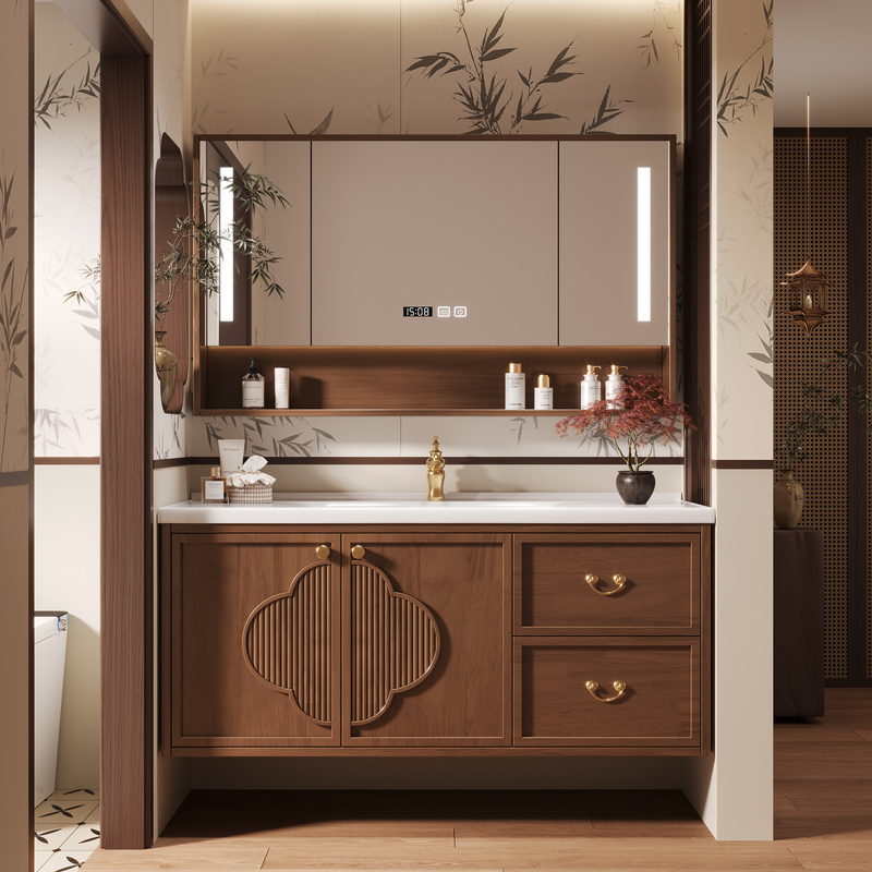 New Song-Style Aesthetic Bathroom Cabinet with Rubber Wood and Ceramic Integrated Basin, Washbasin Cabinet Combination, Bathroom Vanity