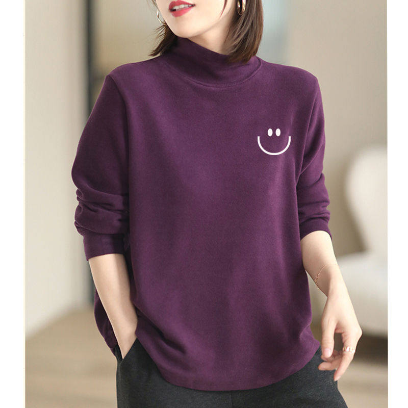 Double sided Develvet thickened beating undershirt autumn winter big code casual 100 hitch slim print half height collar t-shirt blouses woman-Taobao
