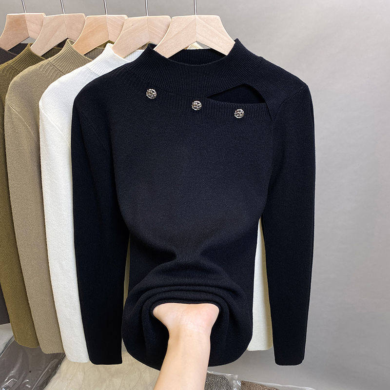 Loose display slim (80-200 catty) Design sense Semi-high collar hollowed-out needle cardigan jacket woman autumn and winter foreign air sweater-Taobao