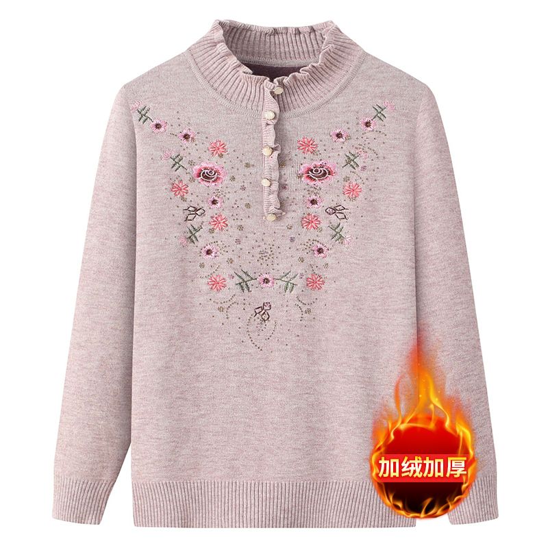 Mother's winter dress thickened embroidered sweater with elderly lady gush warm half high collar jacket head jacket easy to hit undershirt-Taobao