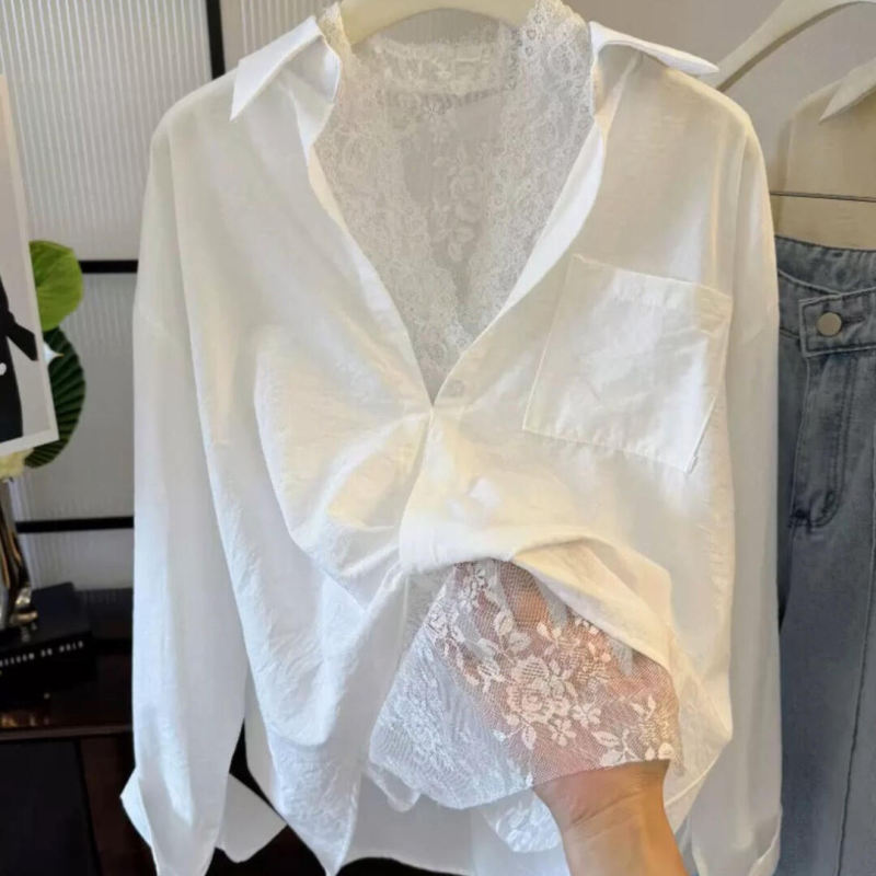 White Lace Patchwork Long-Sleeve Shirt for Women, 2026 Spring New Style Top, French Unique and Beautiful Blouse