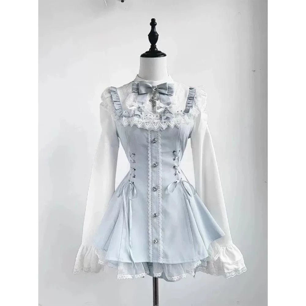Костюм gothic lolita для женщин, Harajuku Y2K с бантом и кружевом, короткая юбка