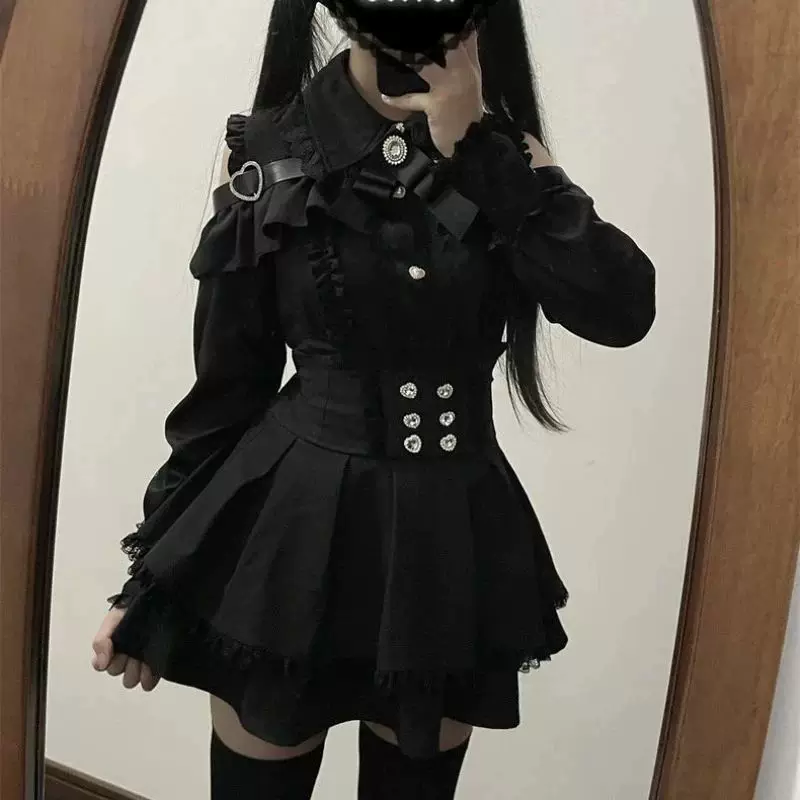 Костюм gothic lolita для женщин, Harajuku Y2K с бантом и кружевом, короткая юбка
