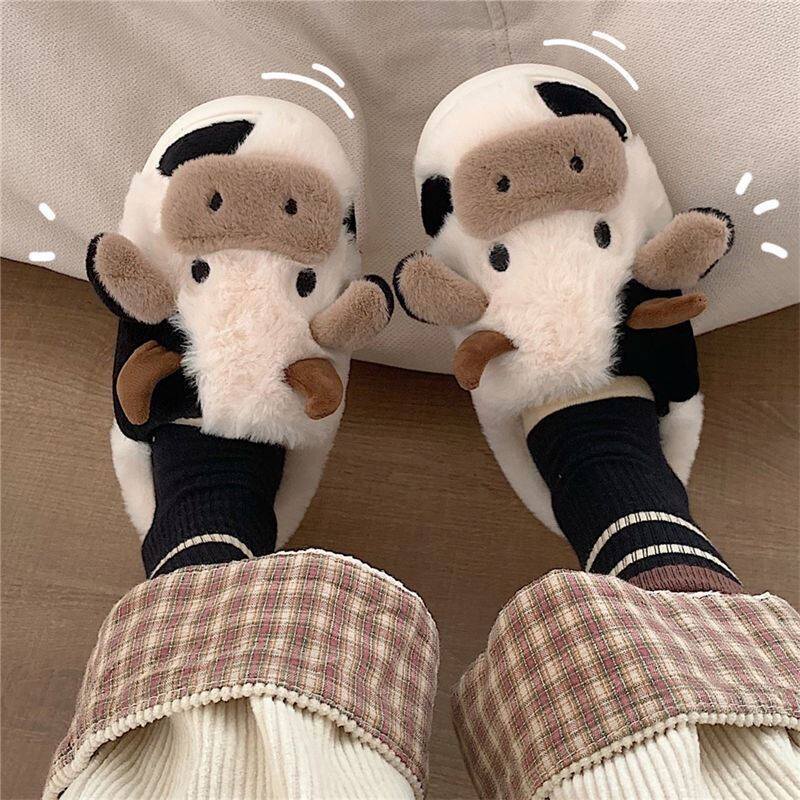 Korean Version Cute Cartoon Dairy Cow Cotton Slippers Female Winter Ins Tide Students Home Non-slip Warm Fur Shoes