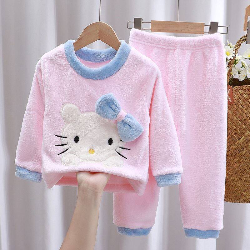 Child Flannel Sleepwear Suit Autumn Winter Baby Boy Girl's Home Conserved Gushed Thickened Winter Dress Coral Suede