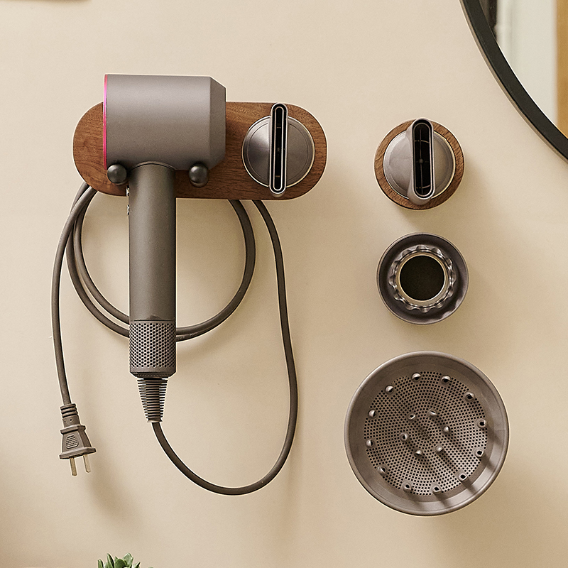 Hair Dryer Shelf Free to punch bathroom Electric blow dryer Toilet Air Duct Hanging containing rack Walnut Wood Black-Taobao