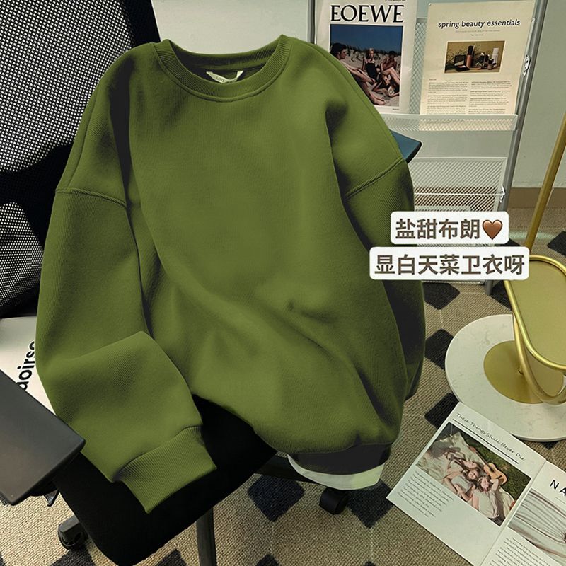 American-Style Trendy Retro Creative Solid Color Crew Neck Sweatshirt in Army Green, Casual Everyday Style, Autumn and Winter Pullover Top