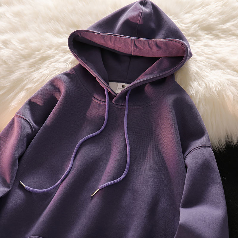 Autumn and Winter New Style Dirty Purple Dark Purple High-End Hooded Sweatshirt for Women Solid Color Vintage Loose Top Men's Jacket