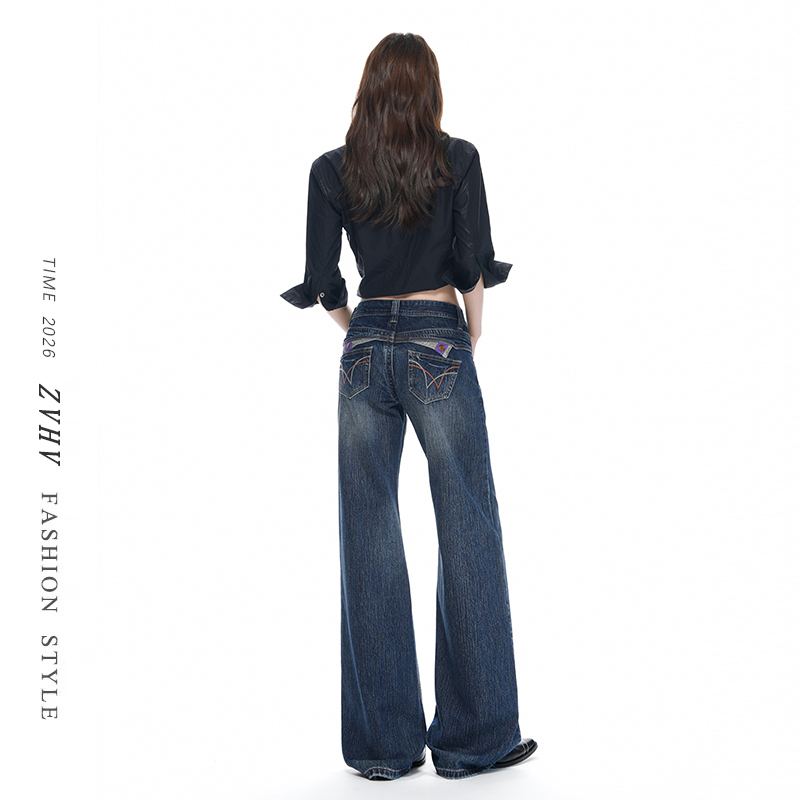 Zvhv American-Style Blue Straight-Leg Jeans for Women with Purple Thread Design, Low-Waisted, Narrow Wide-Leg, Floor-Length Pants