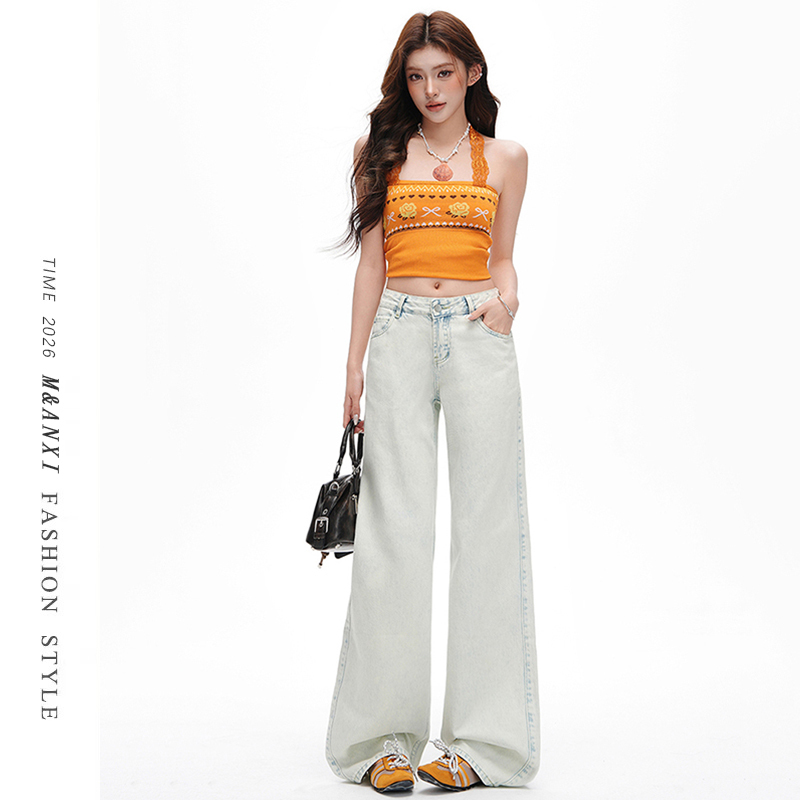 Vintage Light-Colored Low-Waist Straight-Leg Jeans for Women 2026 New Style Trendy Loose Fit Slimming High-Waisted Narrow Wide-Leg Pants