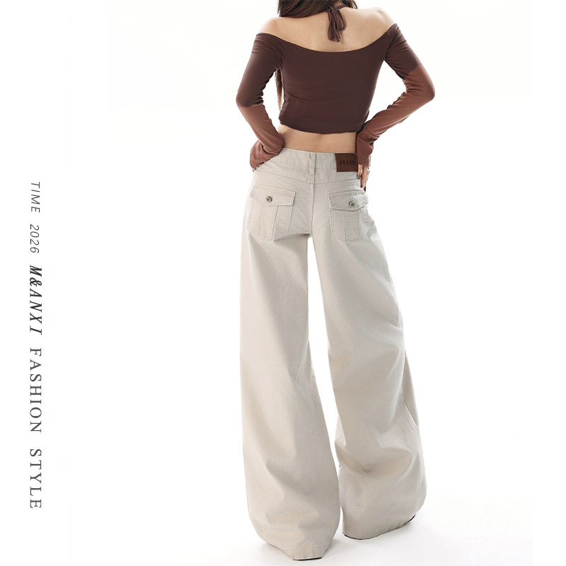 American-Style Low-Waist Light Apricot Wide-Leg Jeans for Women, 2026 Summer New Style, Loose Fit, Slimming, Drapey, Versatile Straight-Leg Pants