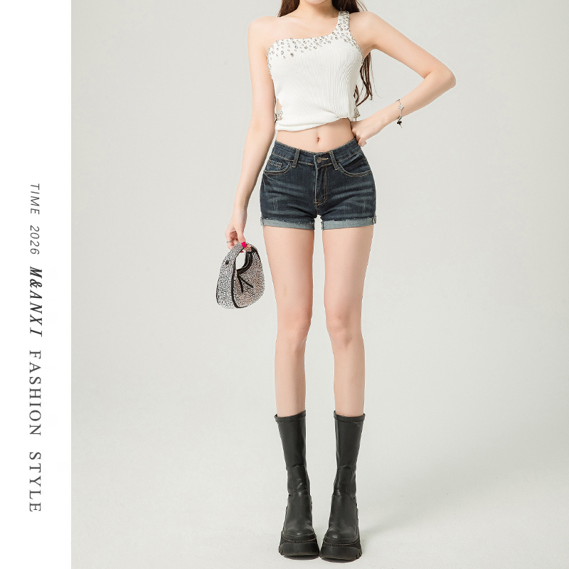 American-Style Spicy Girl Rolled-Edge Denim Shorts for Women, Summer 2026 New Low-Waist Elastic Slimming A-Line Hip-Hugging Hot Pants