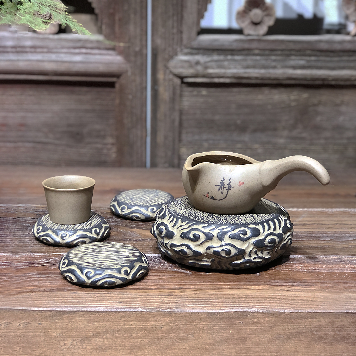 中式复古风祥云石鼓壶承装饰摆件底座茶室禅房客厅阳台庭院展陈摆