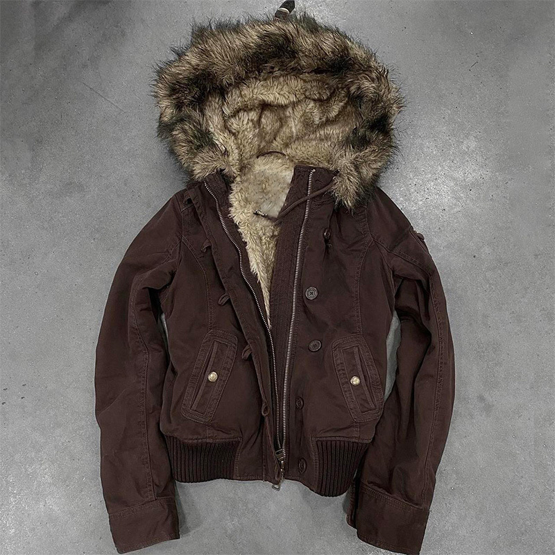 Half-Sleeping Girl Original American Retro Brown Jacket Women's Vintage Fashion High-End Fleece-Lined Jacket Winter Half-Sleeping Girl Original American Retro Brown Jacket Women's Vintage Fashion High-End Fleece-Lined Jacket Winter