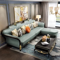 American light lavish real leather sofa 123 Composition Living room solid wood European-style corner straight row of four black sandalwood furniture