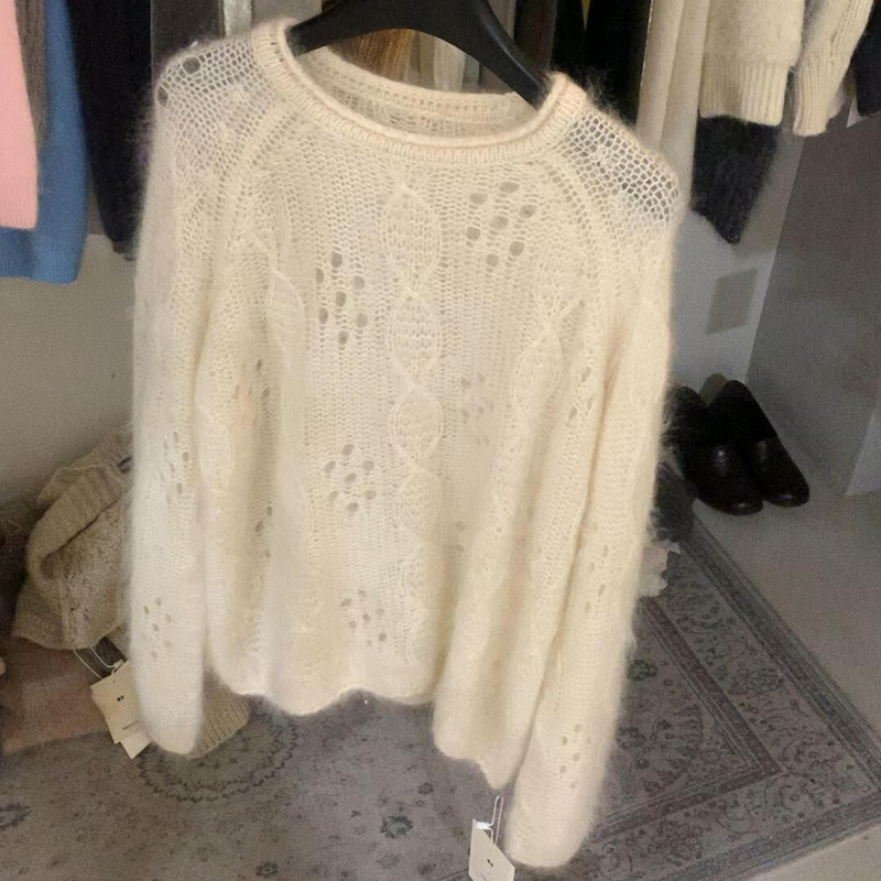 Highly Recommended! Off-White Wool Hollow-Out Sweater for Women, Autumn Lazy Vibe Soft Pullover Knitwear