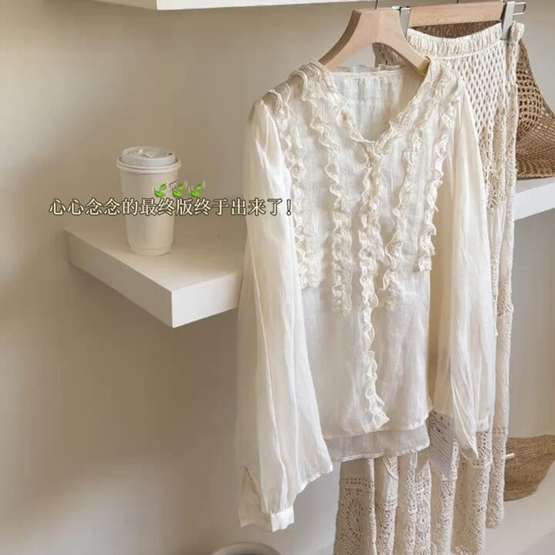 Highly Recommended! French-Style Romantic Lace-Trimmed Ramie Shirt for Women, New Summer Long-Sleeve Thin Top