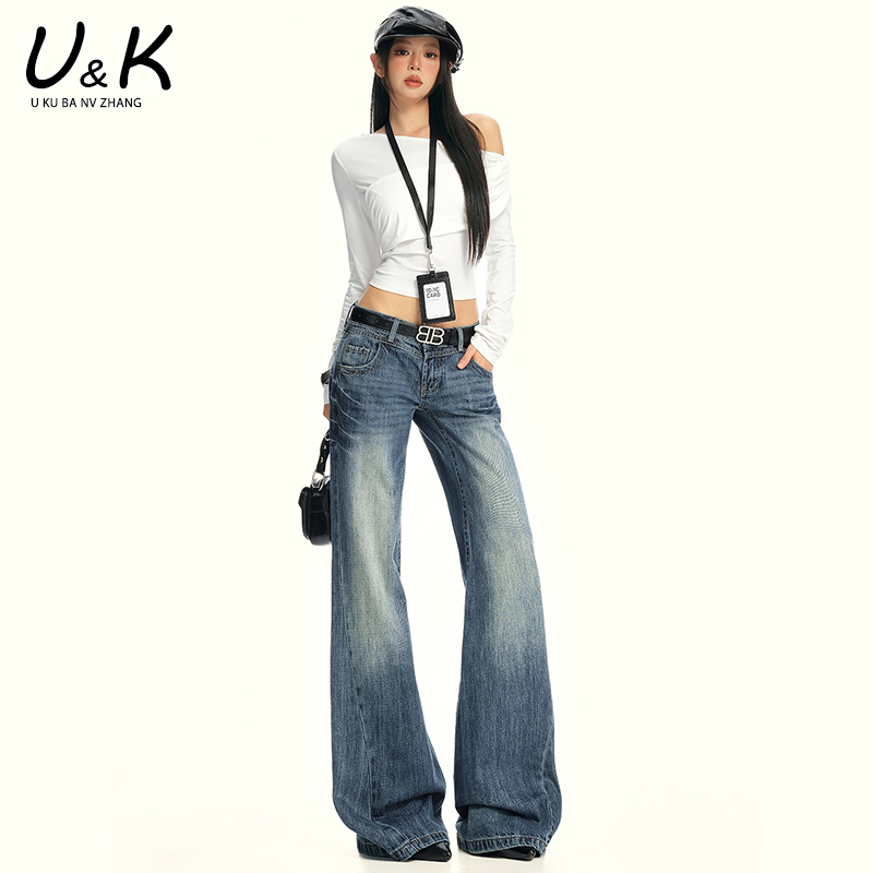 Dark Blue Low-Waist Flared Jeans for Women, 2026 Autumn New Vintage Washed Non-Tight Straight-Leg Floor-Length Pants