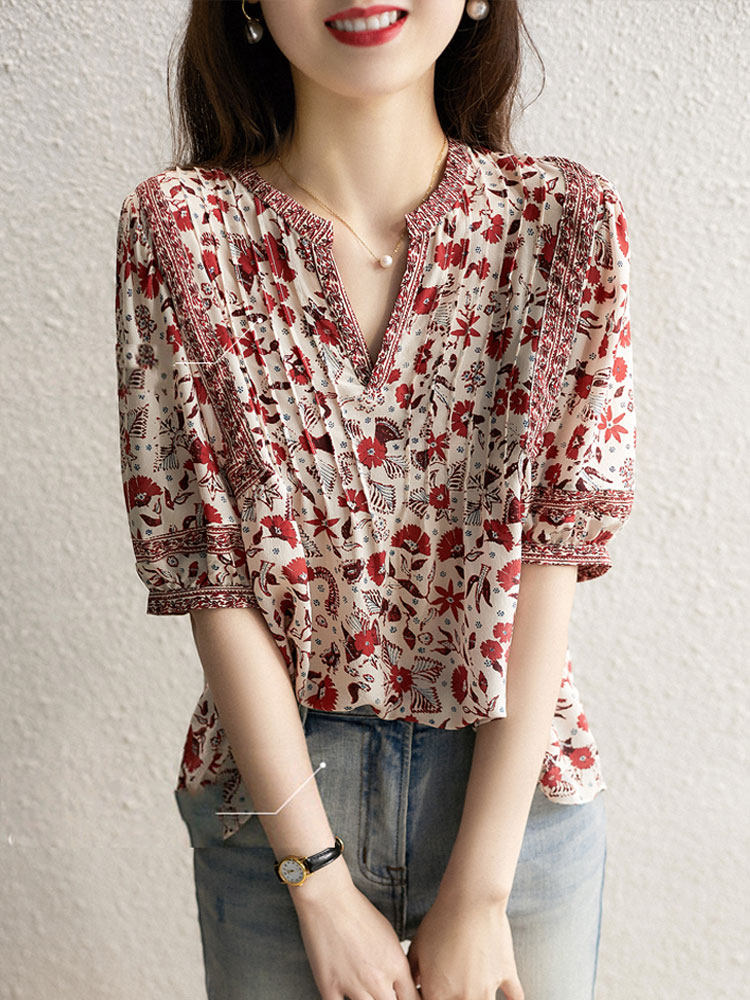 Heavy silk shirt women's 2022 spring new European fashion foreign style mulberry silk shirt Xiangyun yarn small top