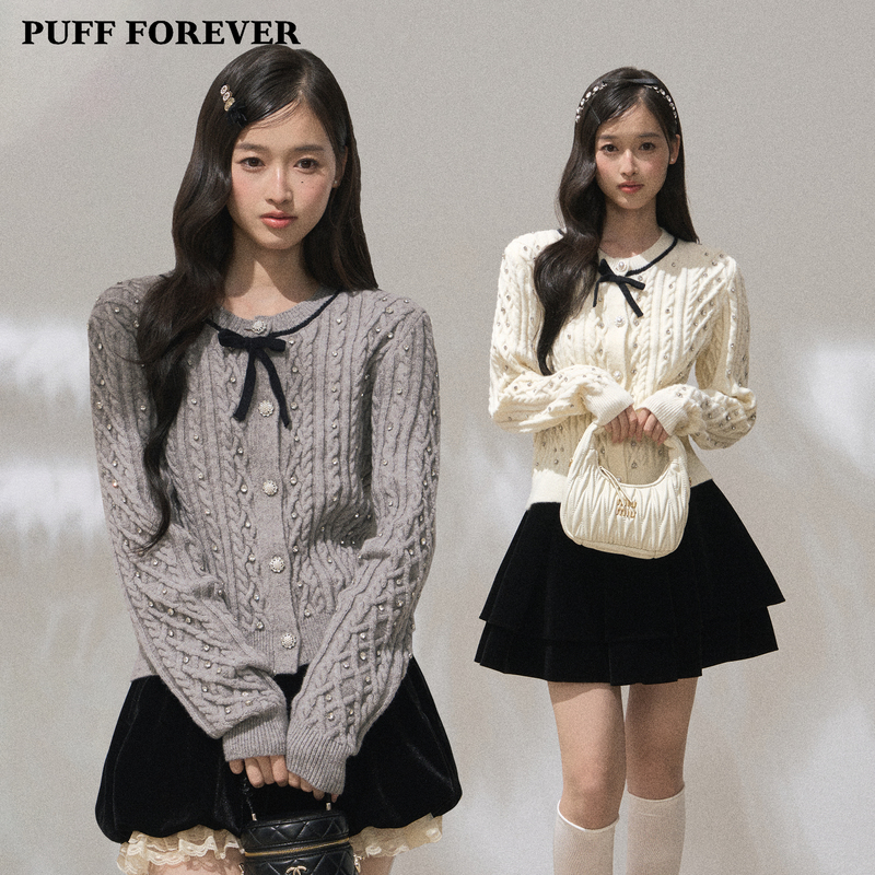 Puffforever “Diamond Shadow Flow” Rhinestone Bow Korean Style Versatile Slim Fit Sweater Knit Cardigan Puffforever “Diamond Shadow Flow” Rhinestone Bow Korean Style Versatile Slim Fit Sweater Knit Cardigan