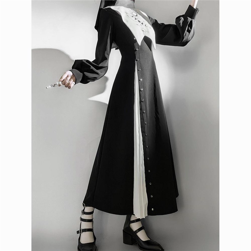 Black and White Nun Dark Gothic Style Lolita Dress Lolita Daily Wear Halloween Costume Cosplay Outfit Set