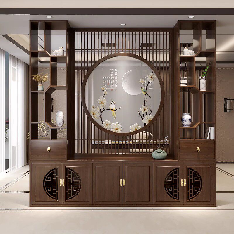 New Chinese Screen Partition Cabinet Living-room Dining Room Entrance home Shelf Simple modern shielded solid wood Guan Guan Cabinet-Taobao