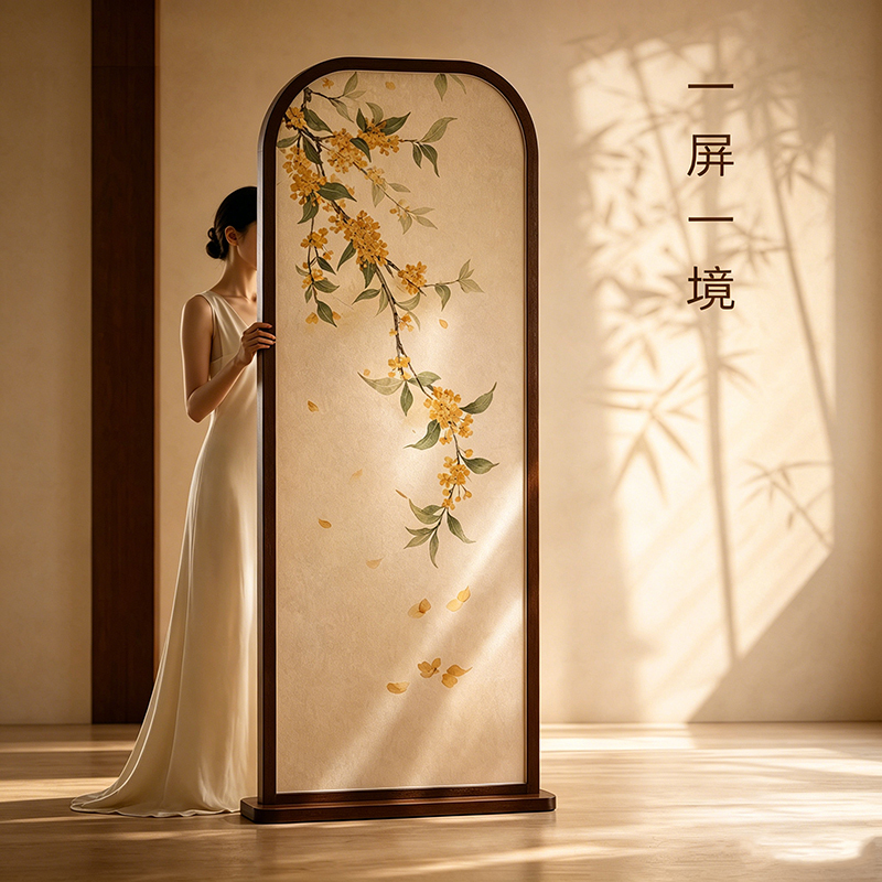 Chinese-Style Screen for Living Room Facing the Entrance, Movable Partition for Home Use, Solid Wood Tea Room Screen, Bed Divider