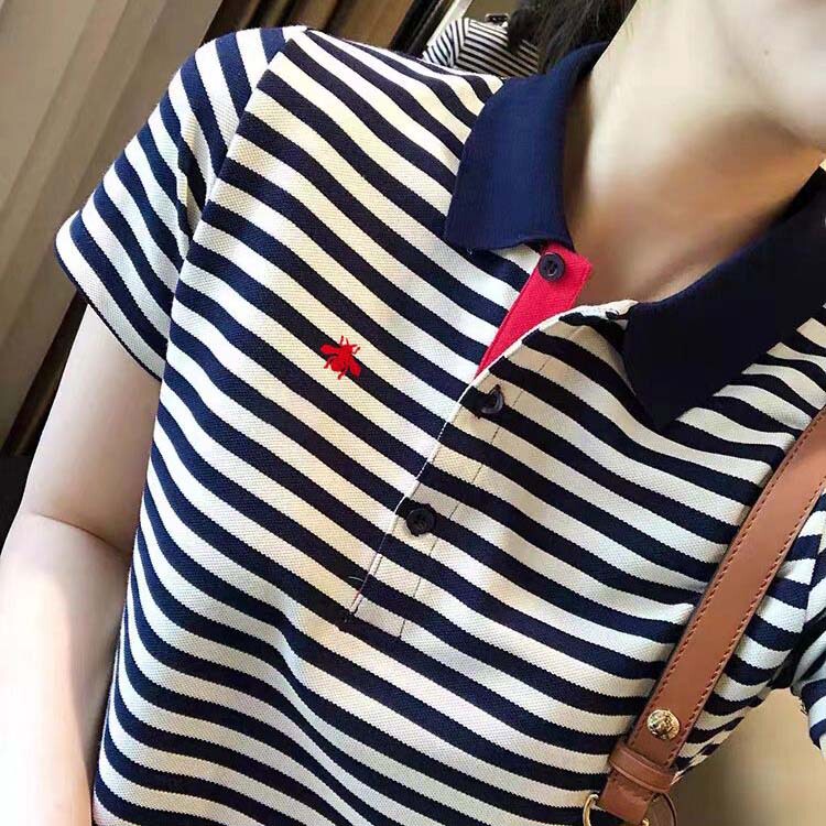 Foreign Trade Surplus Polo Shirt T-Shirt Hong Kong Style Top Striped Collared Women's Short-Sleeve Shirt That Covers the Belly and Looks Slimming Casual
