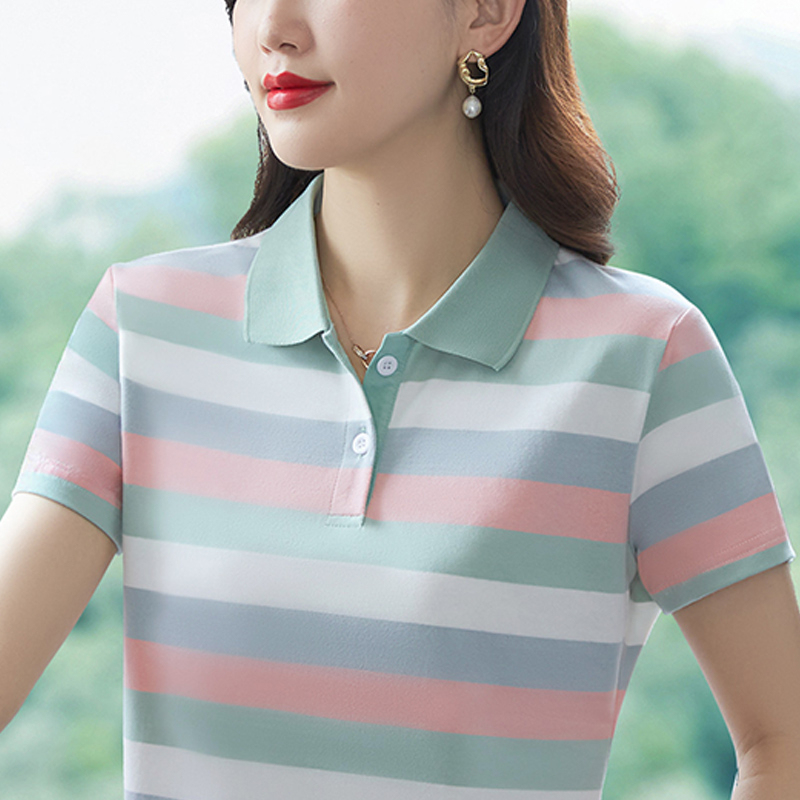 Clearance of Original Export Surplus Stock: Pure Cotton Striped Versatile T-Shirt for Women, Middle-Aged Mom Polo Shirt Clearance of Original Export Surplus Stock: Pure Cotton Striped Versatile T-Shirt for Women, Middle-Aged Mom Polo Shirt