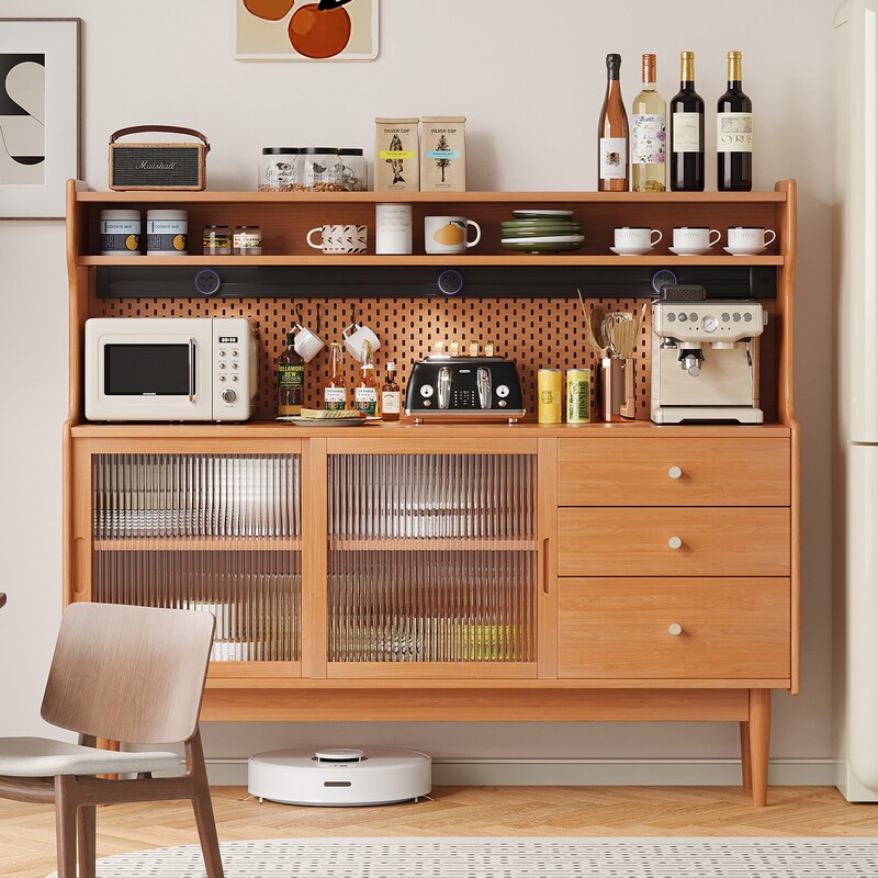 Solid Wood Sideboard Nordic Tea Cabinet Power Track Pegboard Japanese-Style Dining Cabinet Wall-Mounted Integrated Minimalist Storage Cabinet