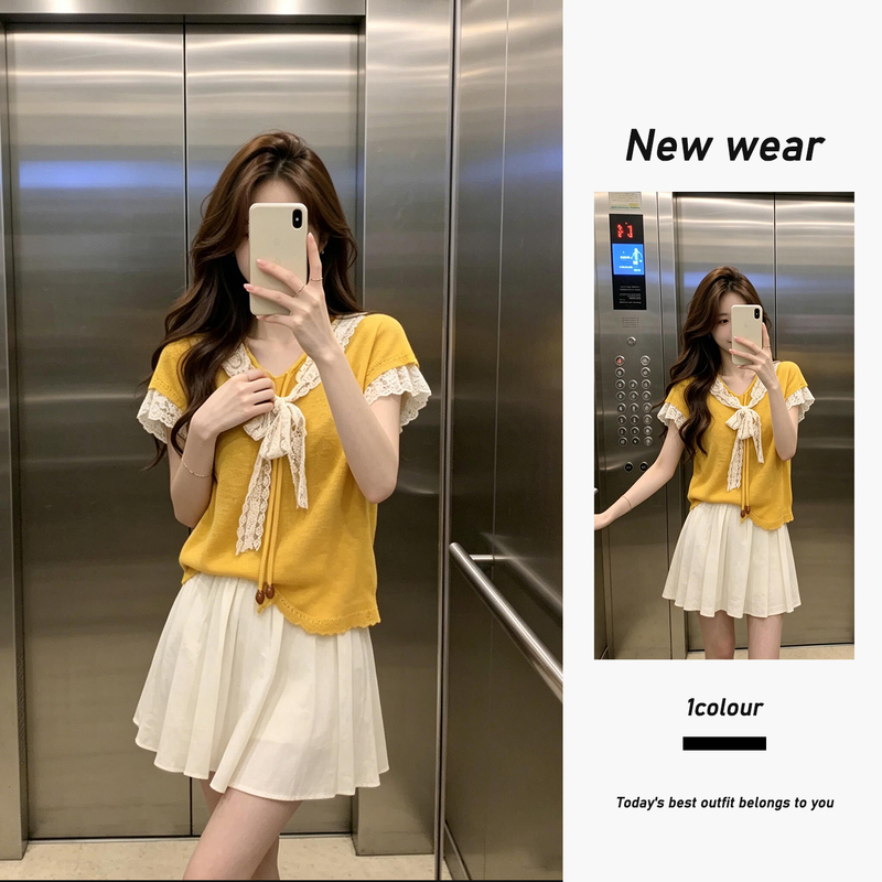Summer Youthful Girly Yellow Age-Reducing Lace Patchwork Tie V-Neck Casual Slimming Breathable Short-Sleeved Knit Top