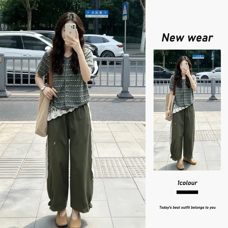 Summer Ootd American Retro Floral Short-Sleeved Top Workwear Style Military Green Loose Wide-Leg Pants Two-Piece Suit for Women