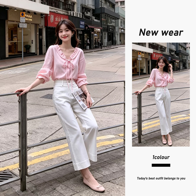 Very Beautiful and Stylish Outfit: a Complete Set of Summer Wear with a Ruffled, Tie-Up, Long-Sleeved Pink Shirt and White Straight-Leg Pants
