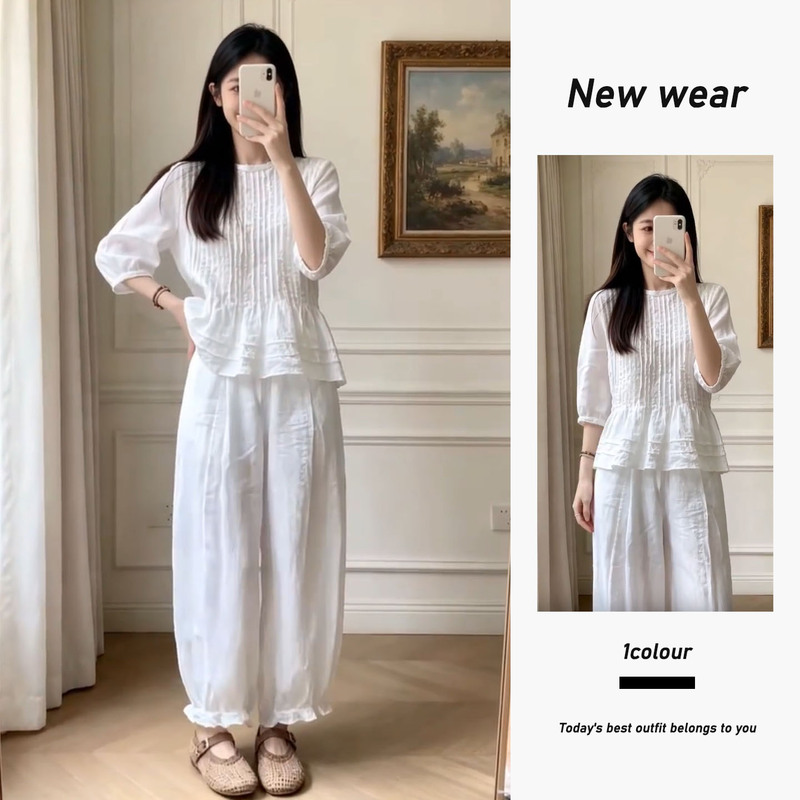 Korean Style Unique and Super Pretty White Round-Neck Sun Protection Top with a Relaxed Fit, Slimming Effect, Versatile, and Matching Jogger Pants Two-Piece Set for Women