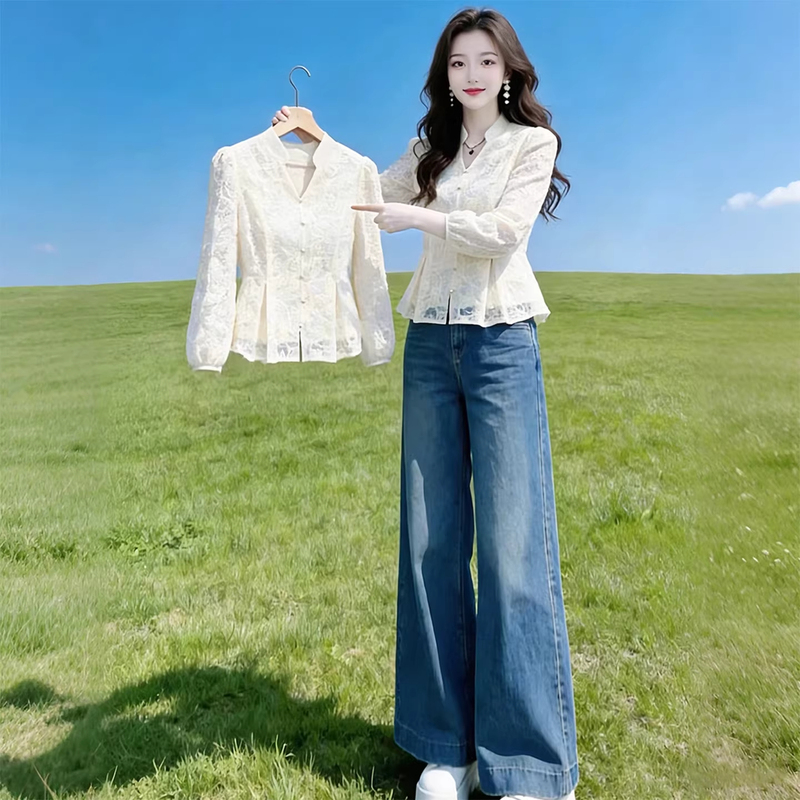 French-Style V-Neck Three-Quarter Sleeve Lace Blouse for Women, 2026 Spring/Summer New Style, Waist-Cinching, Slimming, Versatile and Stylish Top French-Style V-Neck Three-Quarter Sleeve Lace Blouse for Women, 2026 Spring/Summer New Style, Waist-Cinching, Slimming, Versatile and Stylish Top