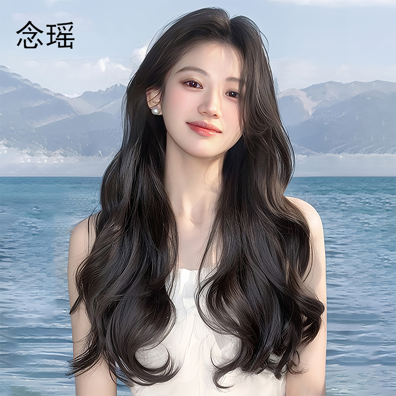 女性用ウィッグ、ロングウェーブヘア、フルヘッドセット、人毛、ナチュラル、シームレス、薄型、通気性