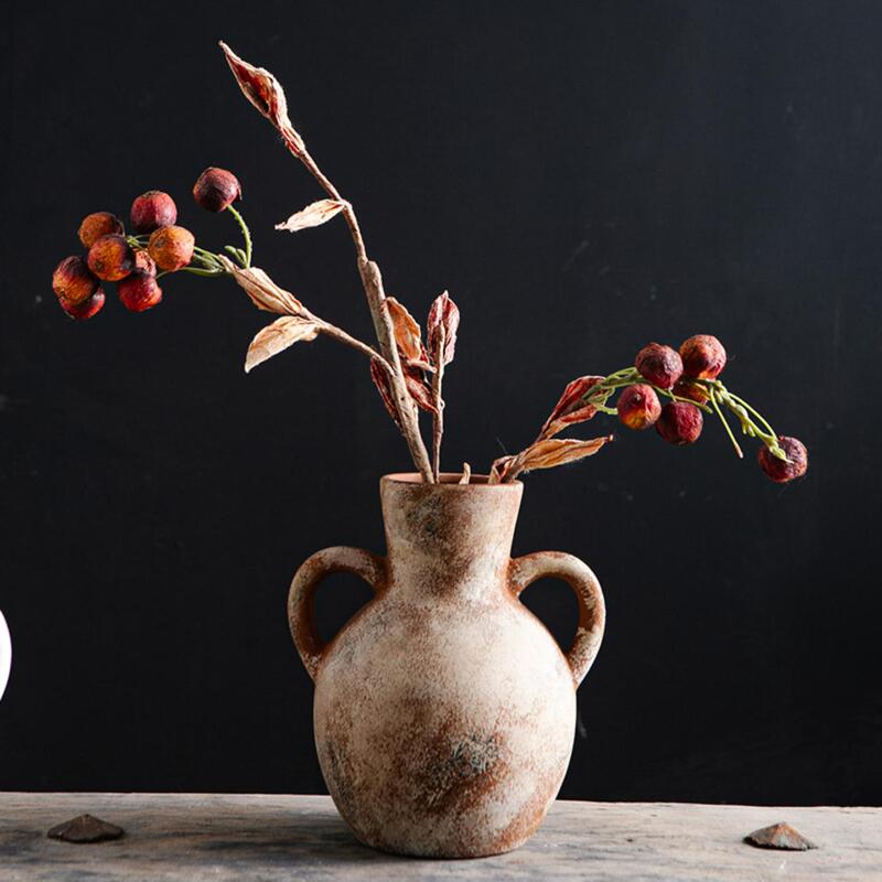 Ceramic Vase, Retro Double-Eared Vintage Ornament, Hotel and Guesthouse Dried Flower Vase, Decorative Ornament