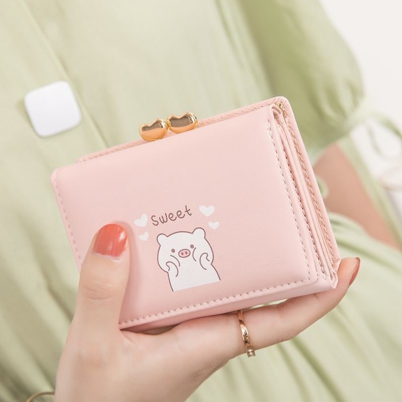 Small wallet female cute girl heart 2021 new girl wallet female student Korean version short simple folding Xiaoqing