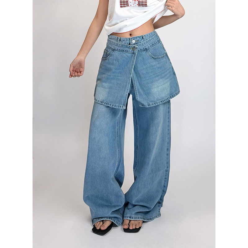Reddoll American Retro Detachable Two-Way Denim Pants for Women, Spicy Straight-Leg Wide-Leg Floor-Length Pants
