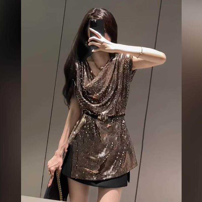 French-Style Elegant Shirt for Women, Summer Gold Sequin Versatile Loose Mid-Length Sleeveless Top ins Trend