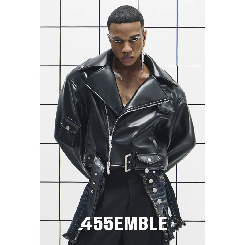 Кожаная куртка мотоциклетного стиля 455EMBLE с застежкой-м zipper на спине, куртка из imitation leather, короткая модная мотоциклетная куртка для мужчин и женщин
