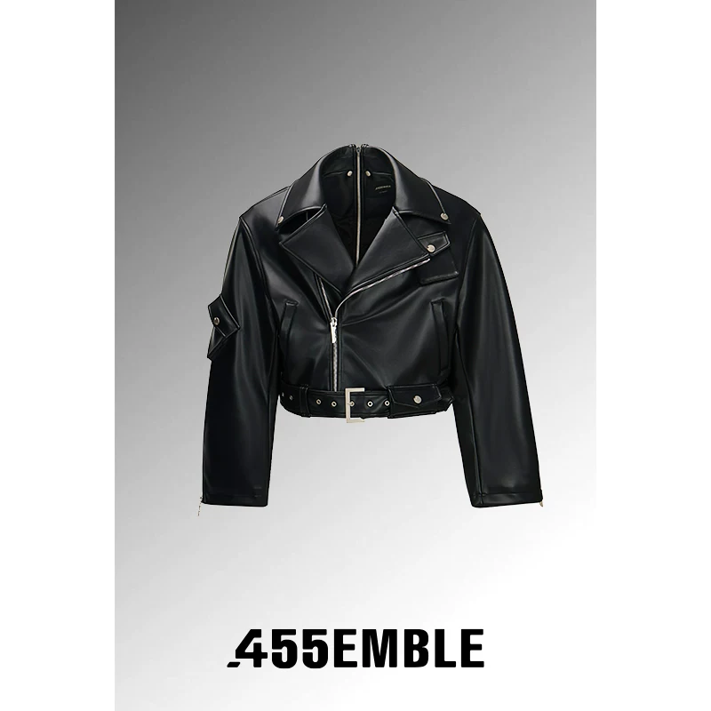 Кожаная куртка мотоциклетного стиля 455EMBLE с застежкой-м zipper на спине, куртка из imitation leather, короткая модная мотоциклетная куртка для мужчин и женщин