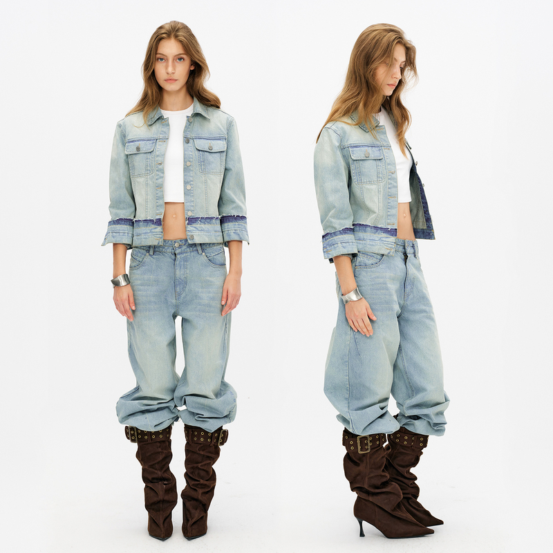 Wildershore Vintage Washed Distressed Denim Jacket with Sleeves and Three-Quarter Sleeves Deconstructed Denim Jacket