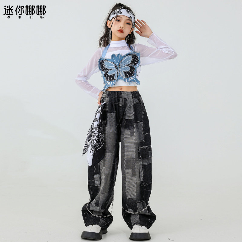 Less Children Jazz Dance Costumes Autumn Winter Butterfly Harnesses Exposed Navel Suit Girl Street Dance to New Year's Eve Hip Hop Outfits-Taobao