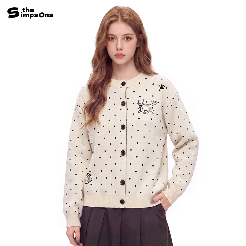 The Simpsons Retro Polka Dot Cute Cat Embroidered Short Top Autumn Cardigan Knitwear for Women